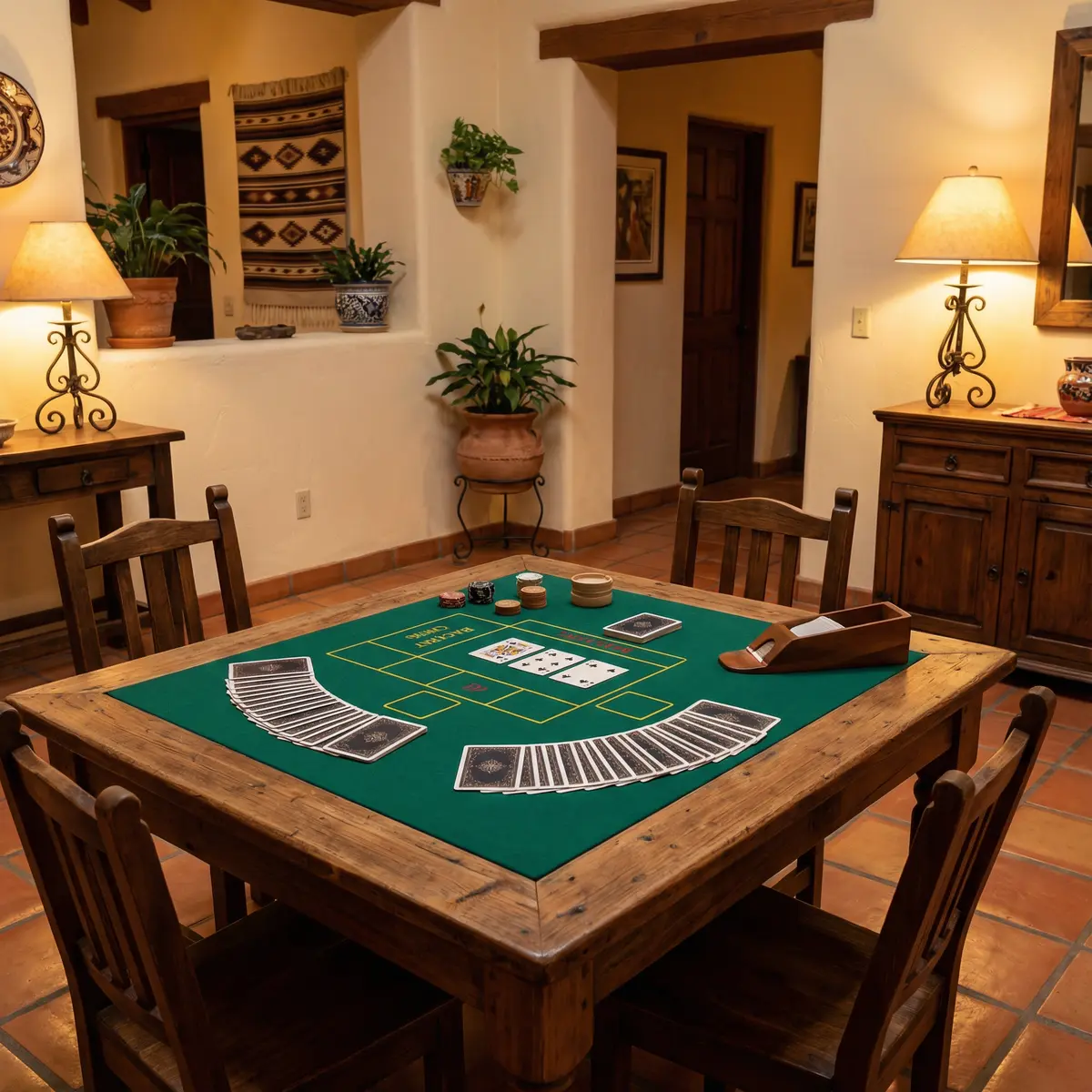 Mesa de bacará elegante con cartas desplegadas