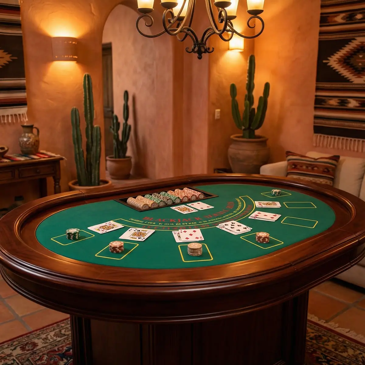 Mesa de blackjack elegante con cartas y fichas